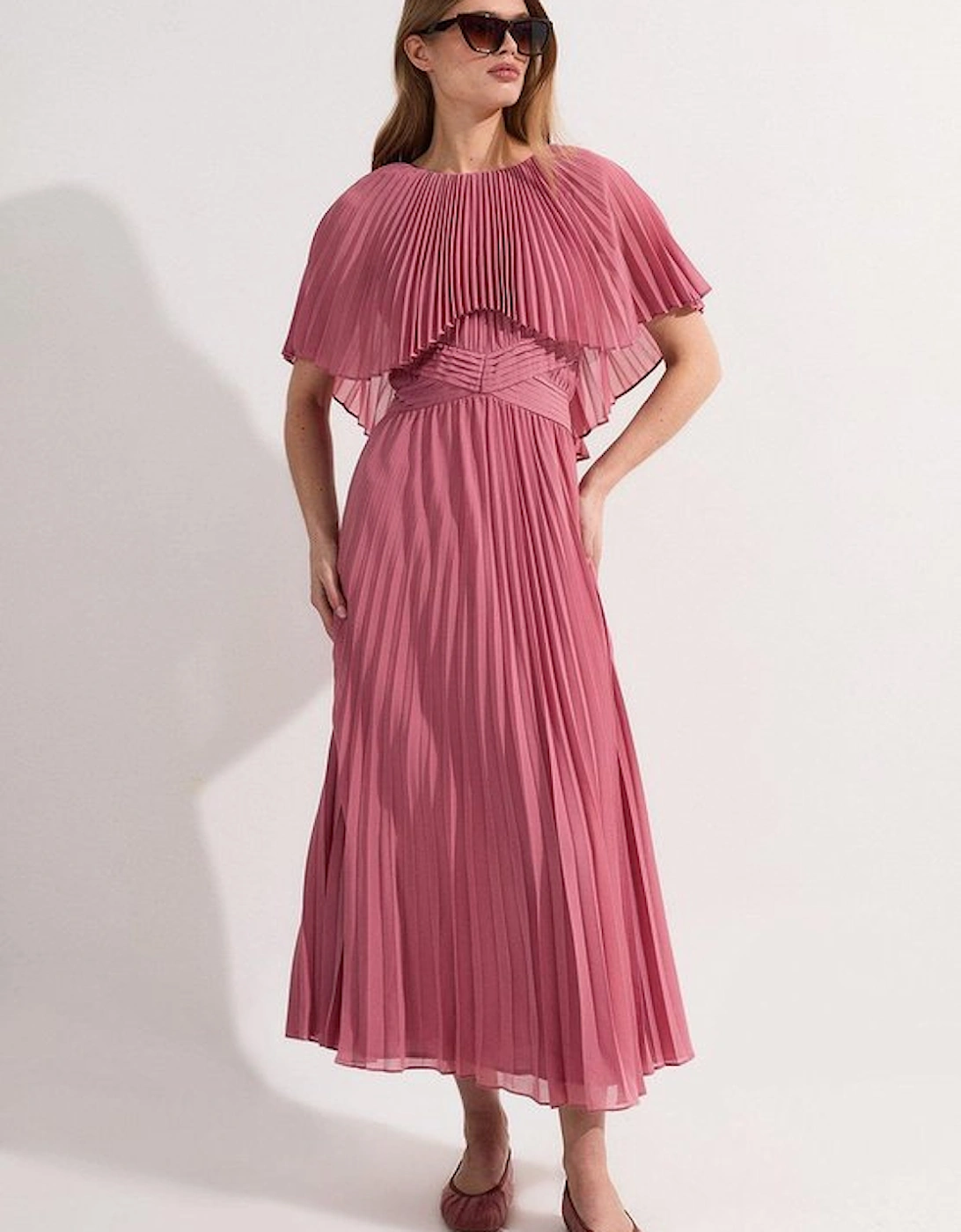 Pleated Cape Sleeve Low Back Maxi Dress