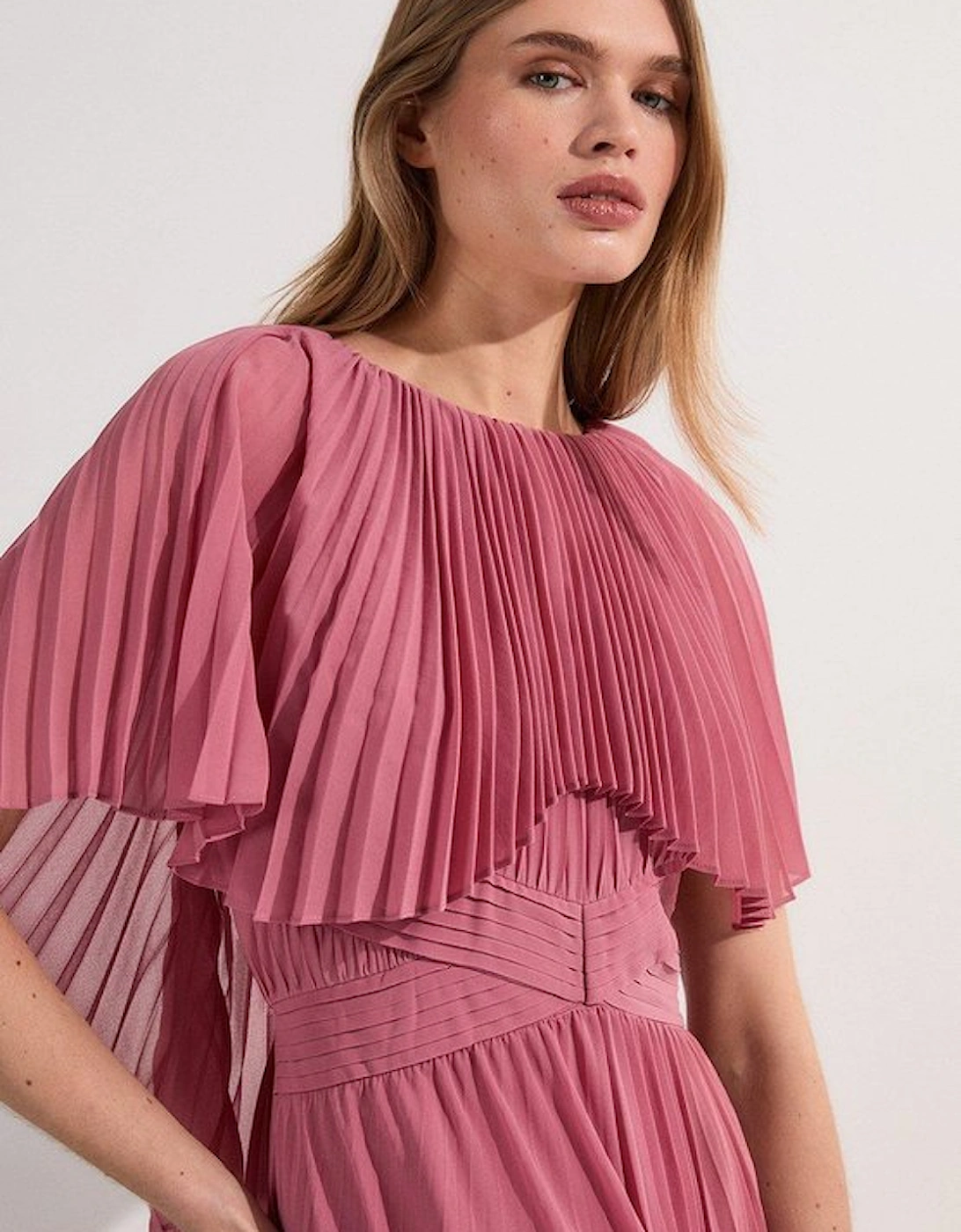 Pleated Cape Sleeve Low Back Maxi Dress