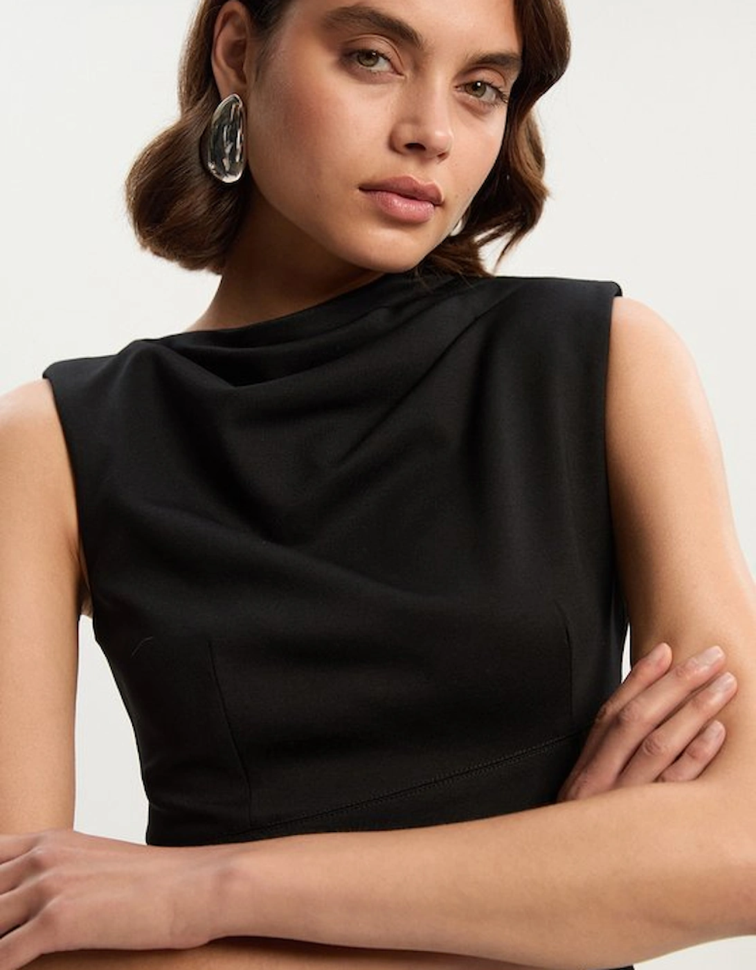 Petite Premium Ponte Sleeveless Asymmetric Front Tailored Midi Dress