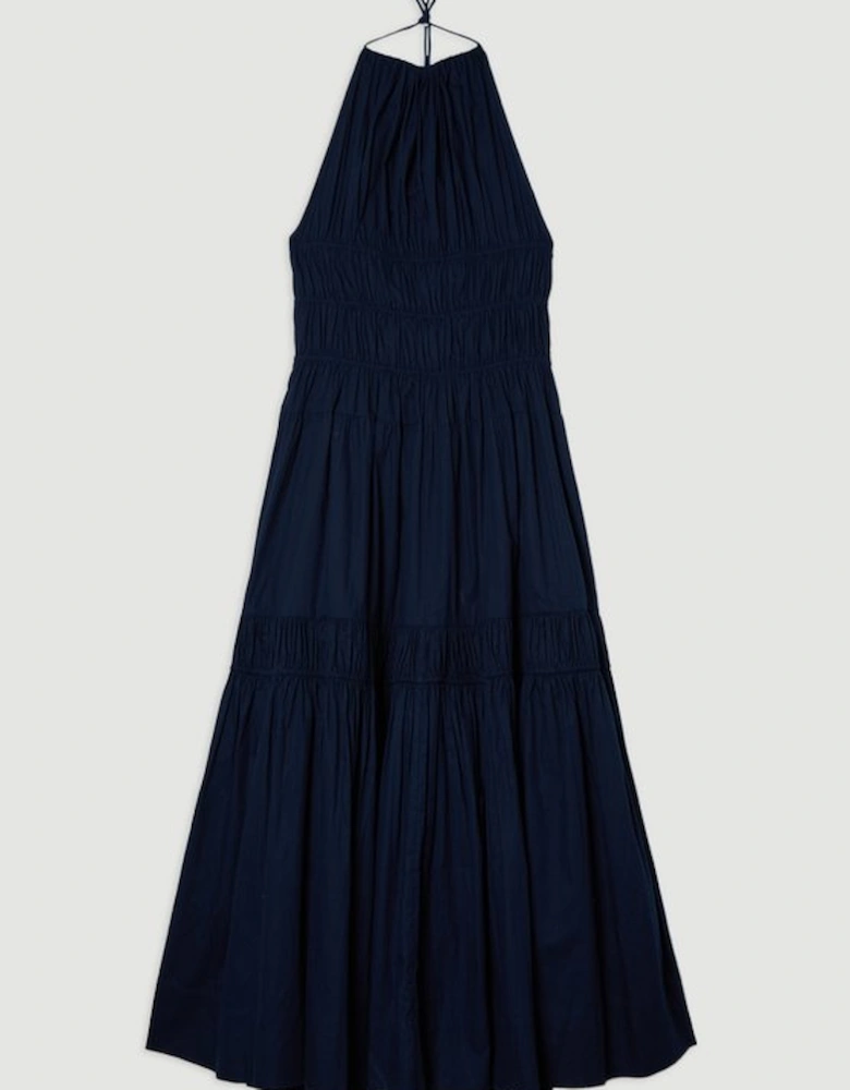 Shirred Cotton Tiered Halter Neck Woven Maxi Dress