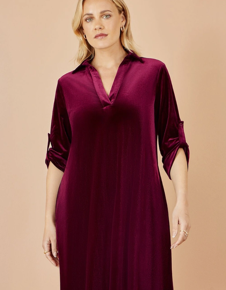 Burgundy Velvet Tunic Dress With 3/4 Sleeves