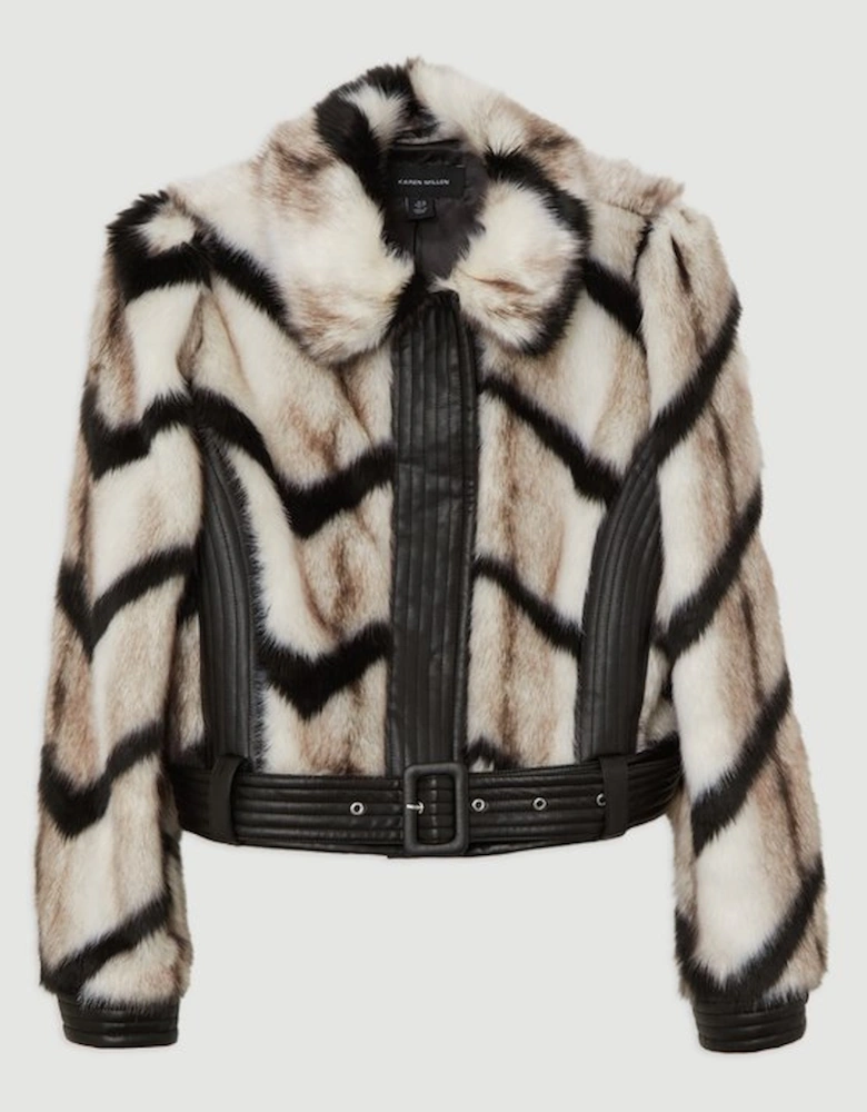 Faux Fur Pu Panelled Stripe Belted Cropped Jacket