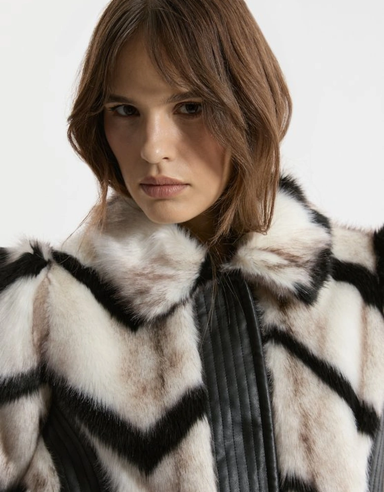 Faux Fur Pu Panelled Stripe Belted Cropped Jacket