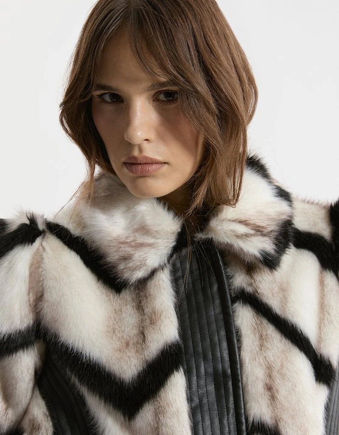 Faux Fur Pu Panelled Stripe Belted Cropped Jacket