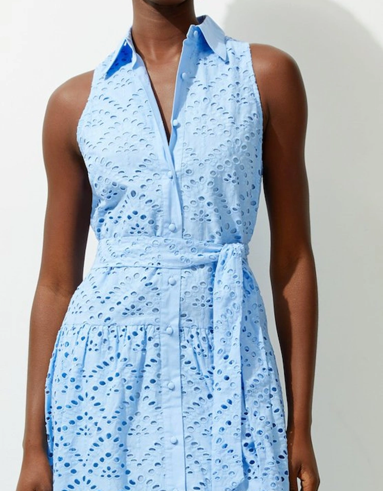 Cotton Broderie Belted Woven Maxi Shirt Dress