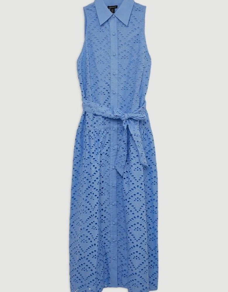 Cotton Broderie Belted Woven Maxi Shirt Dress