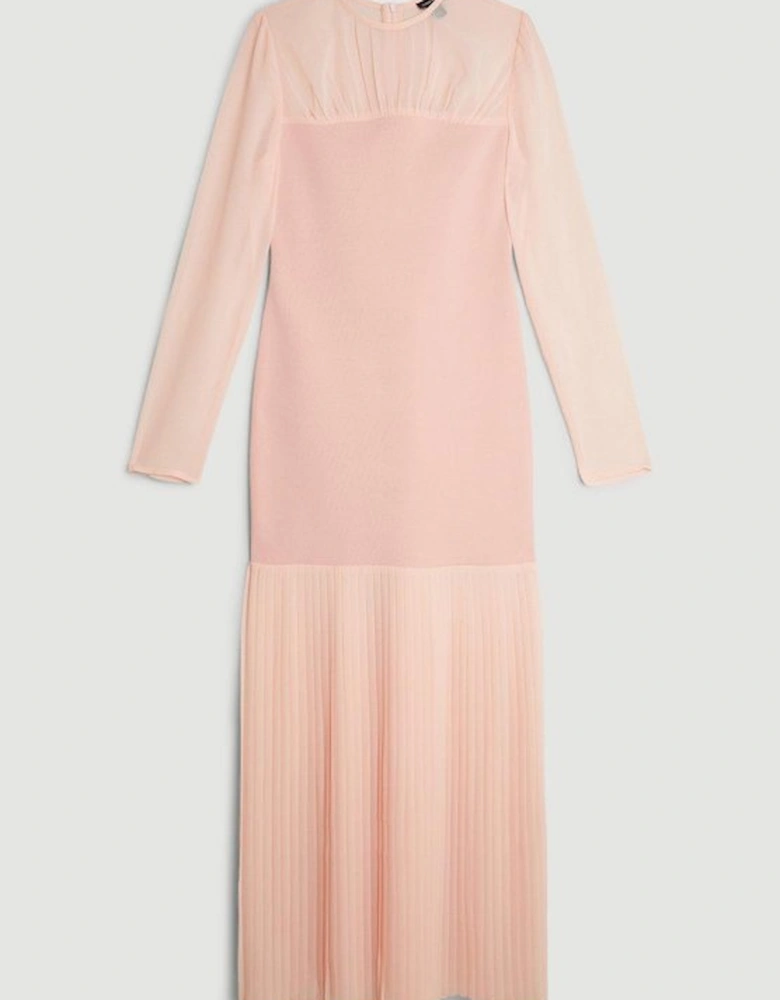 Woven Knit Mix Pleated Midi Dress