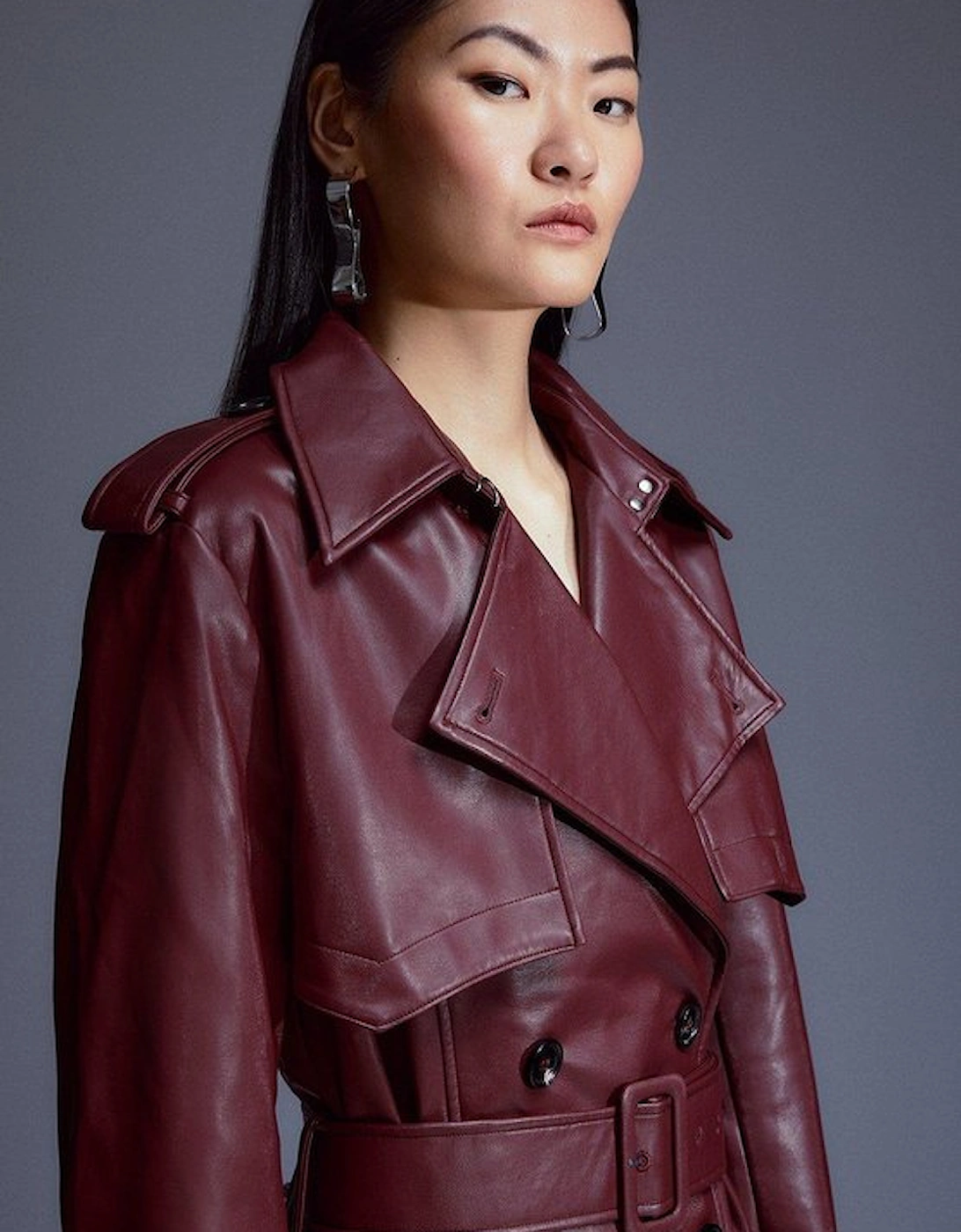 Tailored Faux Leather Belted Trench Coat