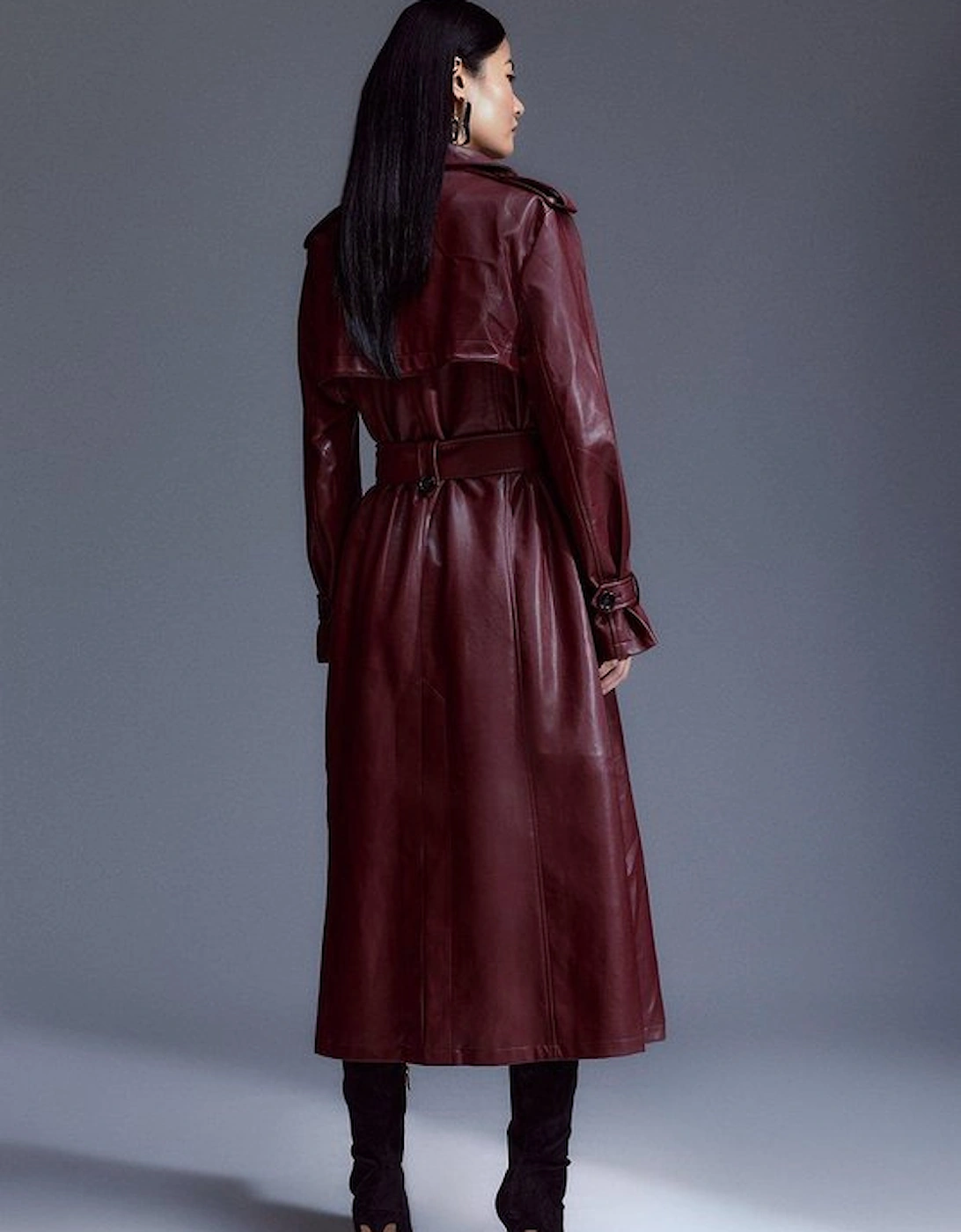 Tailored Faux Leather Belted Trench Coat