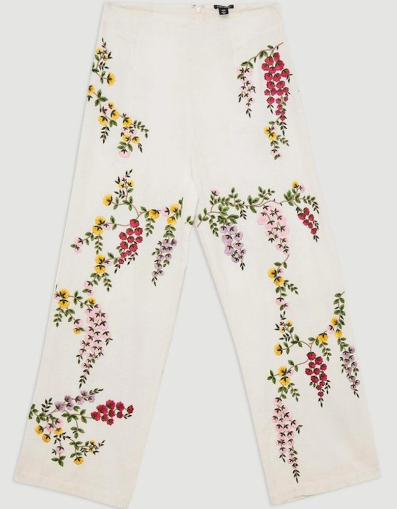 Floral Embroidered Cotton Linen Woven Wide Leg Trousers