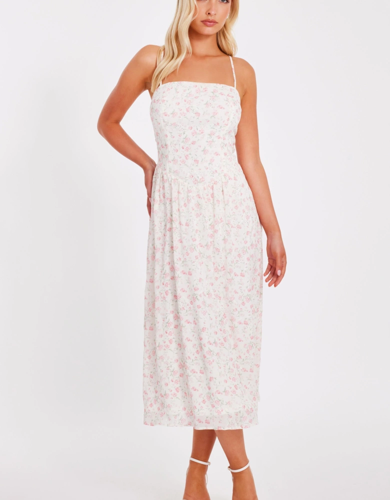 White Chiffon Floral Midi Dress