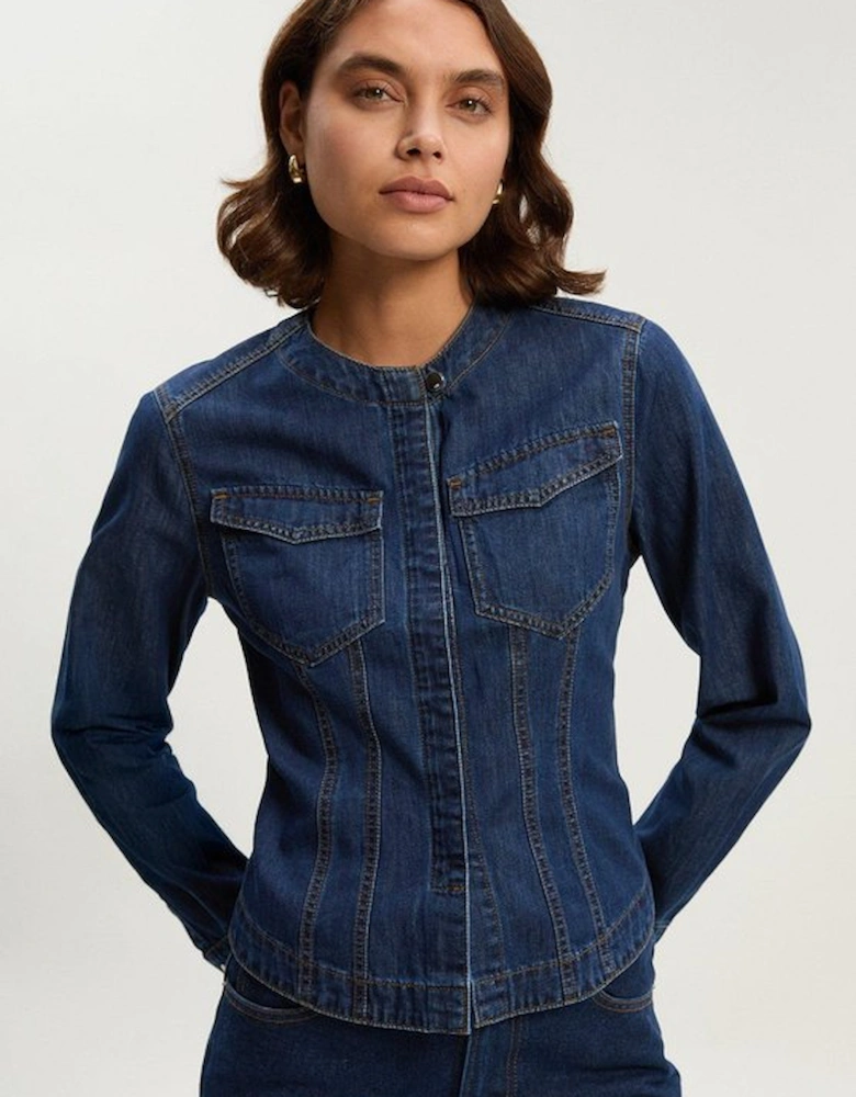 Denim Collarless Tailored Western Shirt