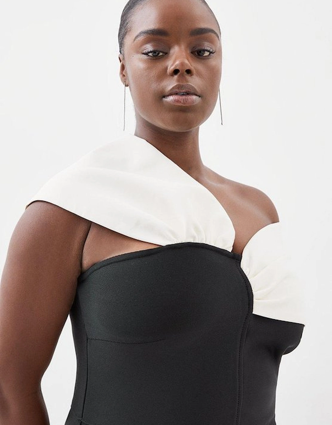 Plus Size Figure Form Bandage Knit Asymmetric Strap Midi Dress