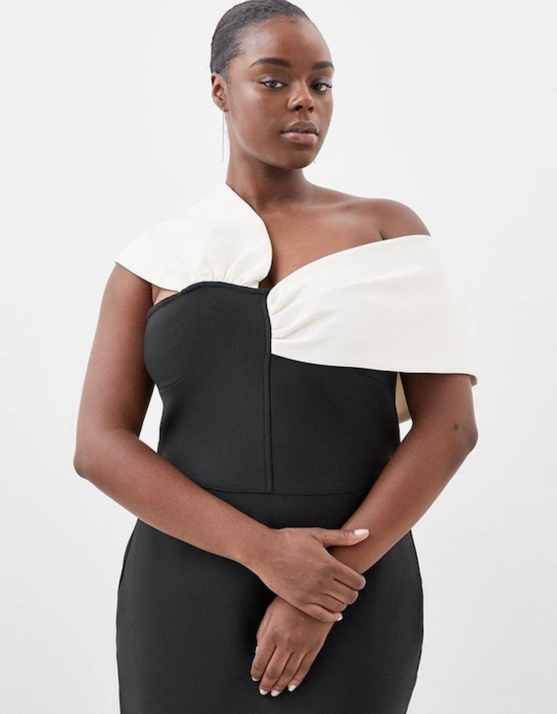 Plus Size Figure Form Bandage Knit Asymmetric Strap Midi Dress