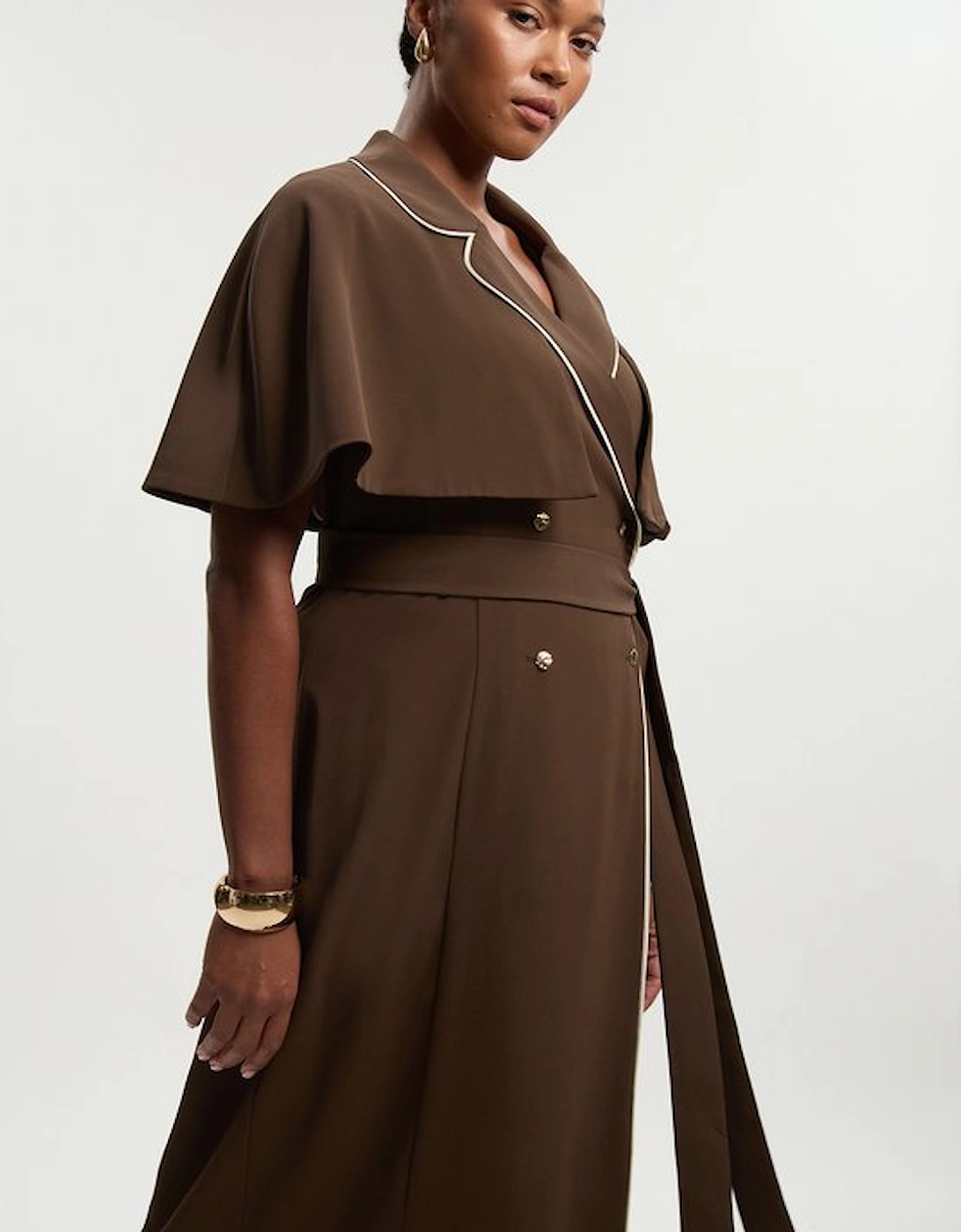 Plus Size Contrast Tipping Tie Waist Short Sleeve Woven Trench Midi Dress