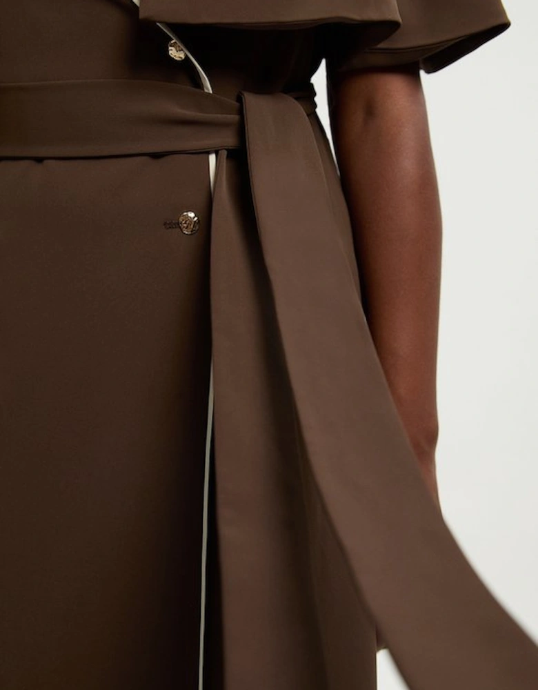 Plus Size Contrast Tipping Tie Waist Short Sleeve Woven Trench Midi Dress