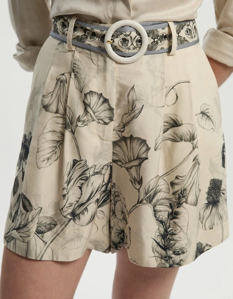 Viscose Linen Scenic Placed Print Short With Belt