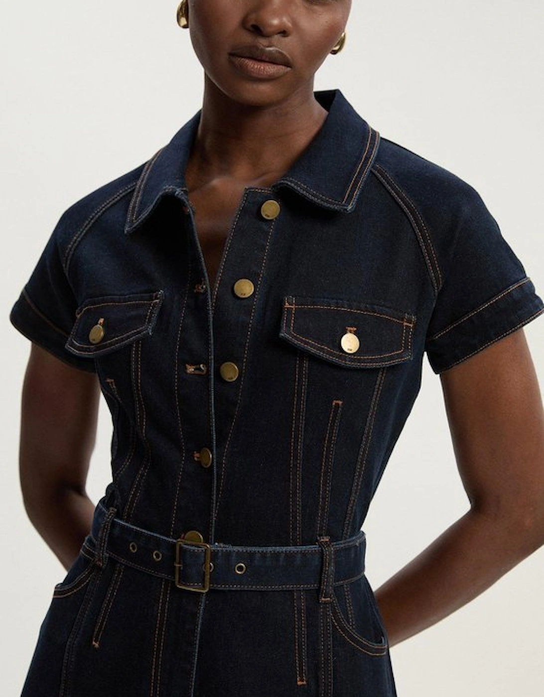 Petite Denim Corset Waist Detail Wide Leg Jumpsuit