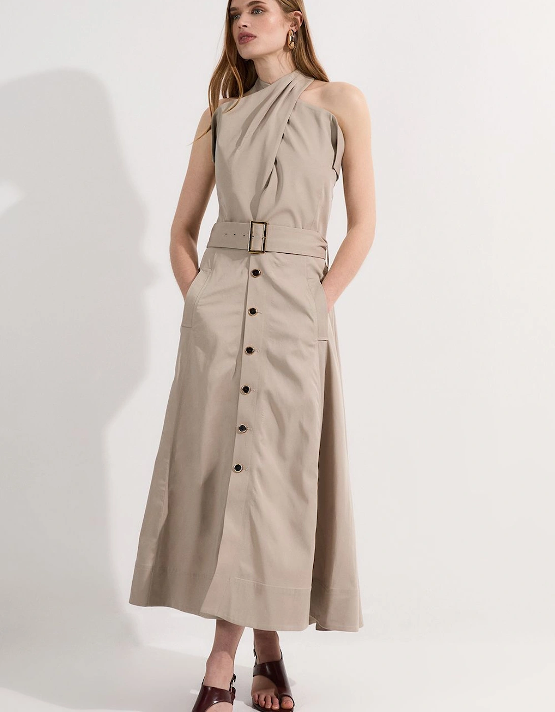 Tailored Polished Cotton Belted Halter Full Skirted Midi Dress, 2 of 1