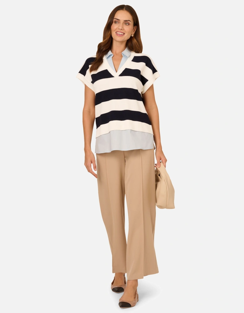Rugby Striped V-Neck Vest Twofer Sweater with Woven Combo