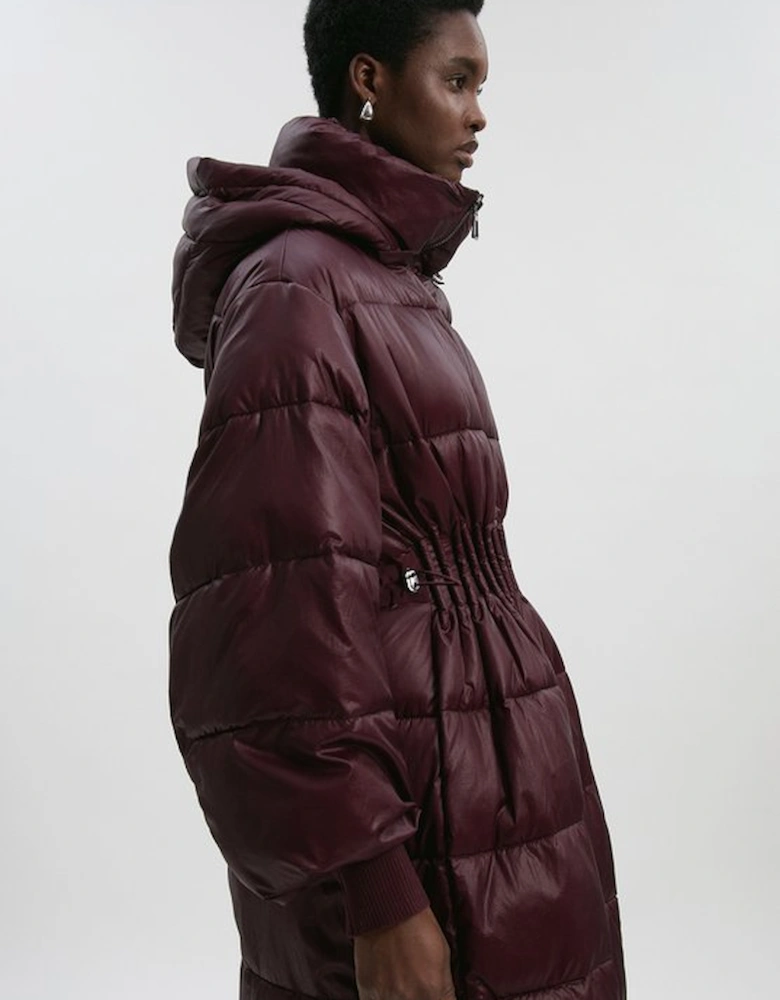 Quilted Drawstring Waist Hooded Rib Cuff Maxi Puffer Coat
