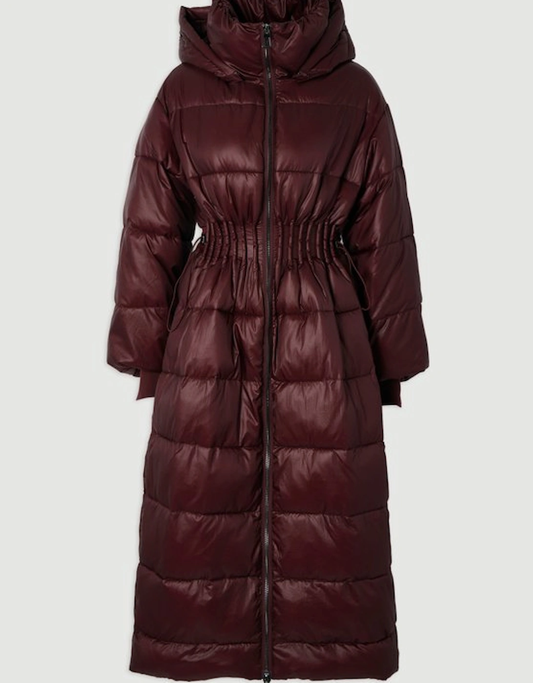 Quilted Drawstring Waist Hooded Rib Cuff Maxi Puffer Coat