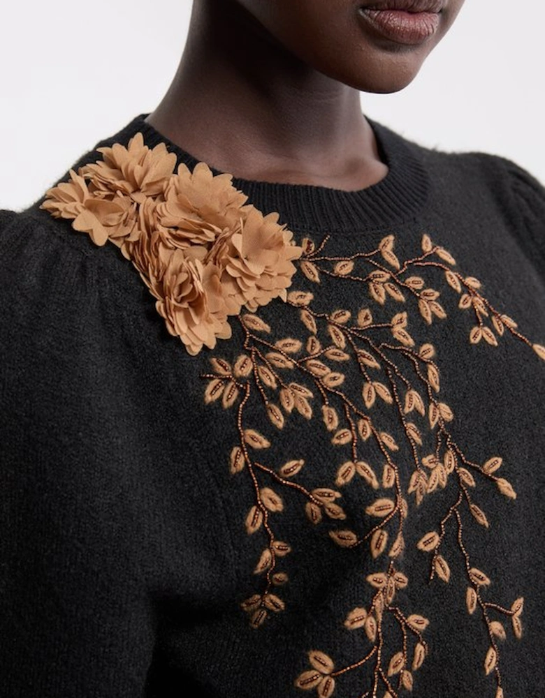 Flower And Beaded Puff Sleeve Knit Tee