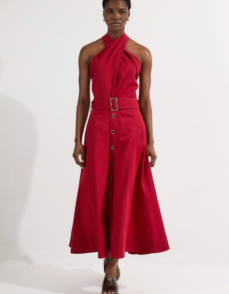 Tailored Polished Cotton Belted Halter Full Skirted Midi Dress