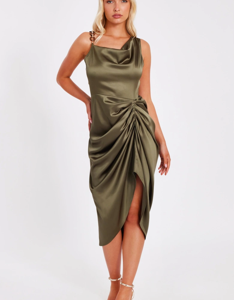 Khaki Satin Ruched Midi Dress
