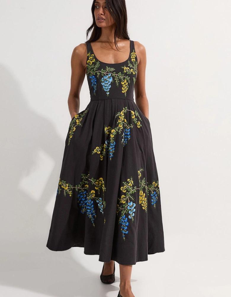 Floral Embroidered Cotton Linen Woven Prom Dress