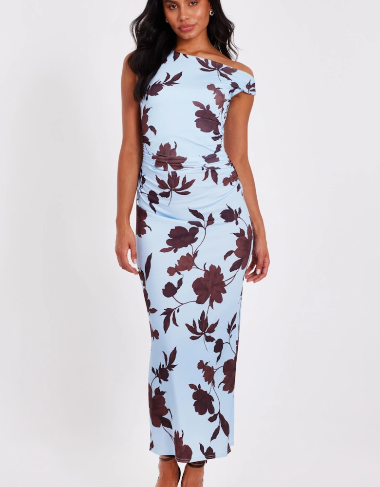 Light Blue Floral Asymmetric Midaxi Dress