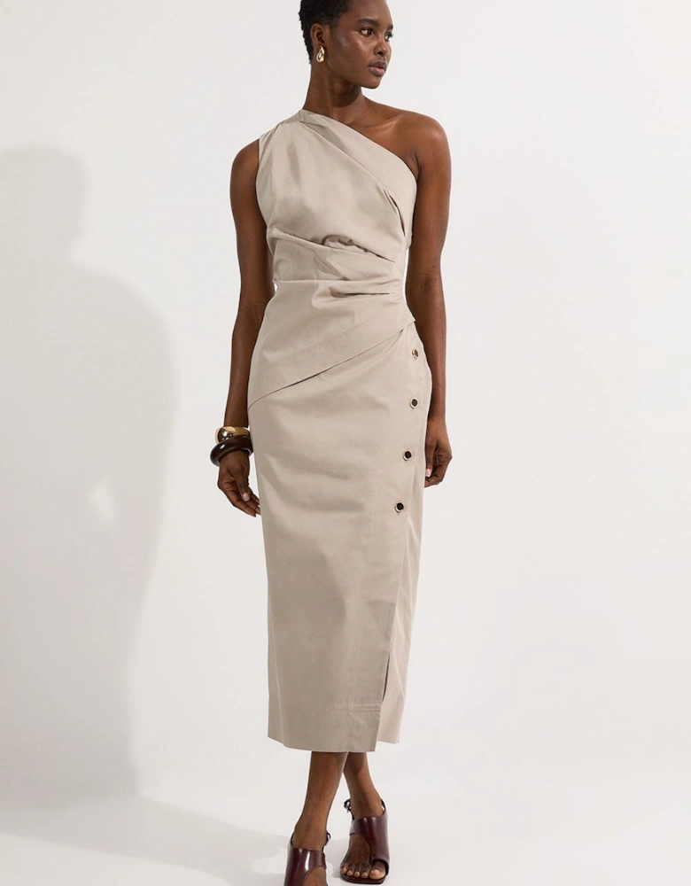 Tailored Polished Cotton Asymmetric Drape Pencil Dress