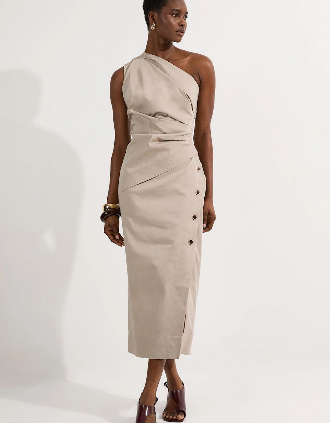 Tailored Polished Cotton Asymmetric Drape Pencil Dress, 2 of 1