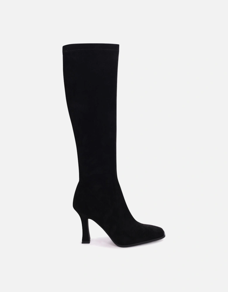 Winnie Black Suede Square Toe Heeled Sock Boot