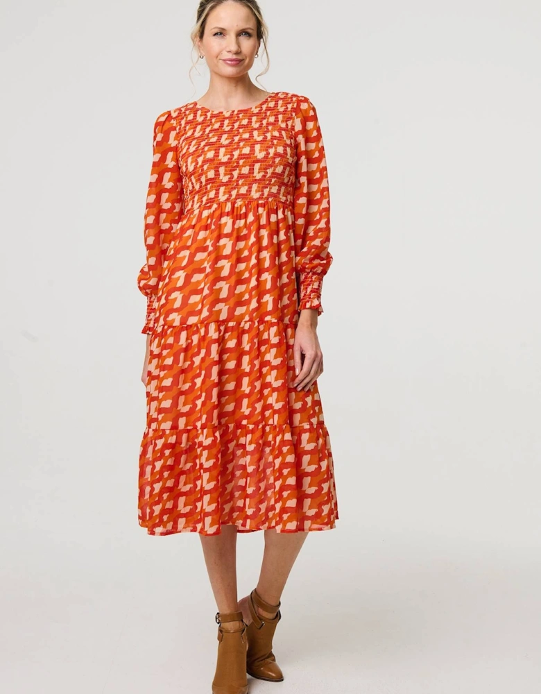 Printed Long Puff Sleeve Midi Smock Dress