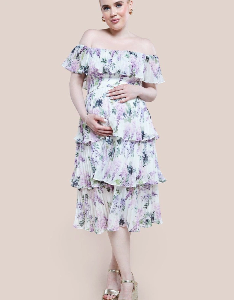 Maternity Shirred Chiffon Floral Bardot Midi Dress