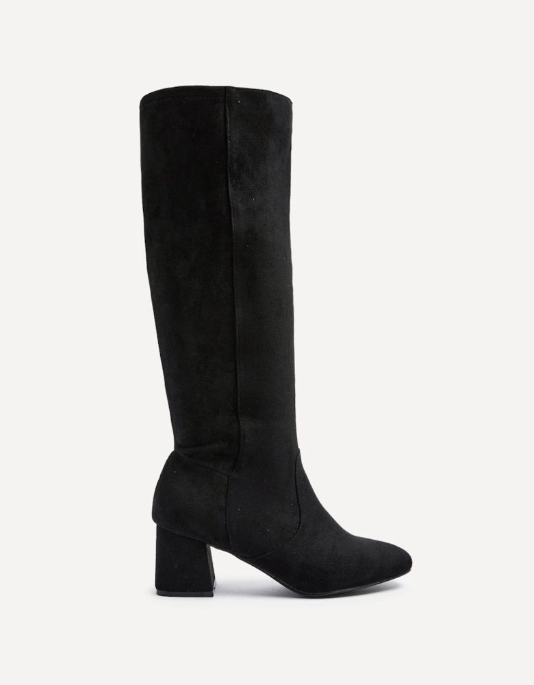 Frosty Black Faux Suede Block Heeled Knee High Boot