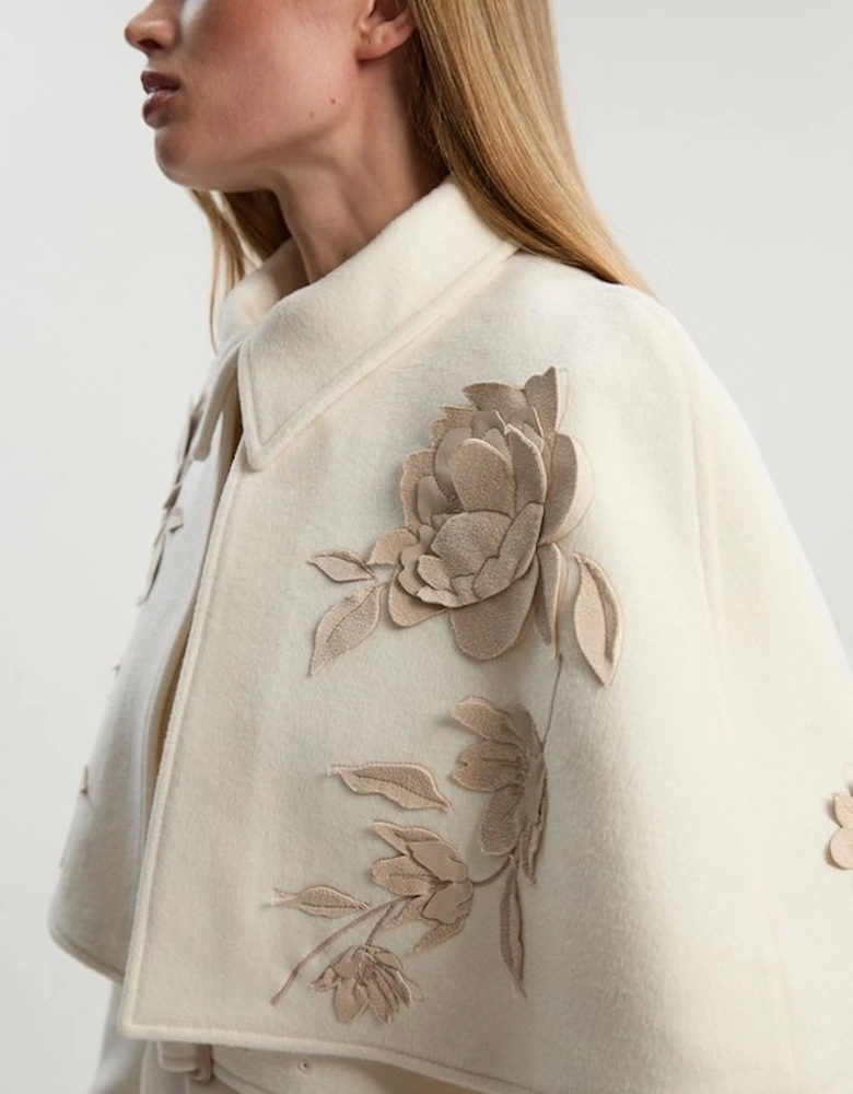 Brushed Wool Pu Mix Placed Floral Embroidery Applique Tailored Cape Full Skirted Midi Coat