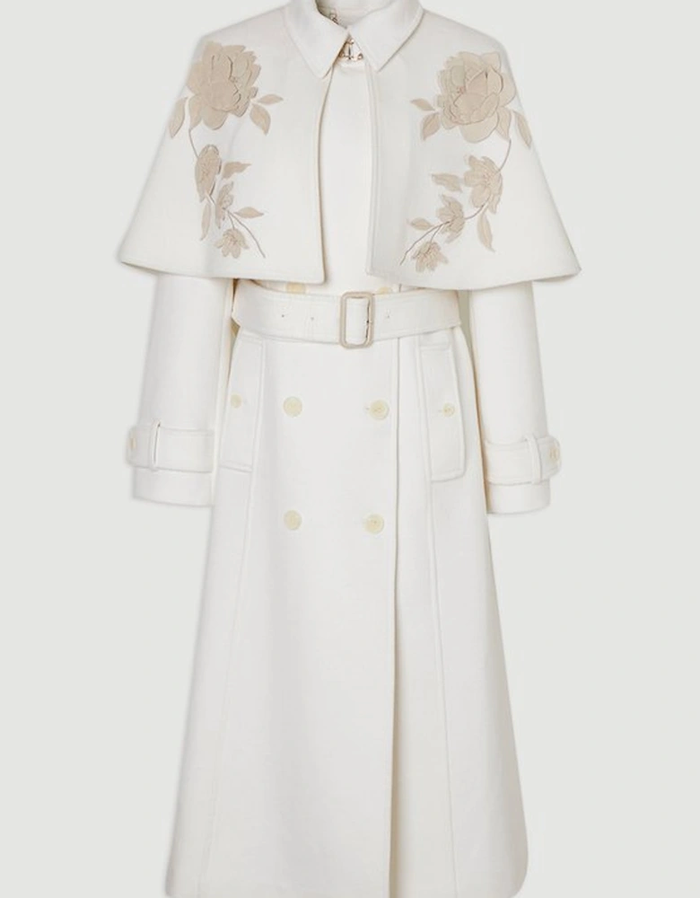 Brushed Wool Pu Mix Placed Floral Embroidery Applique Tailored Cape Full Skirted Midi Coat