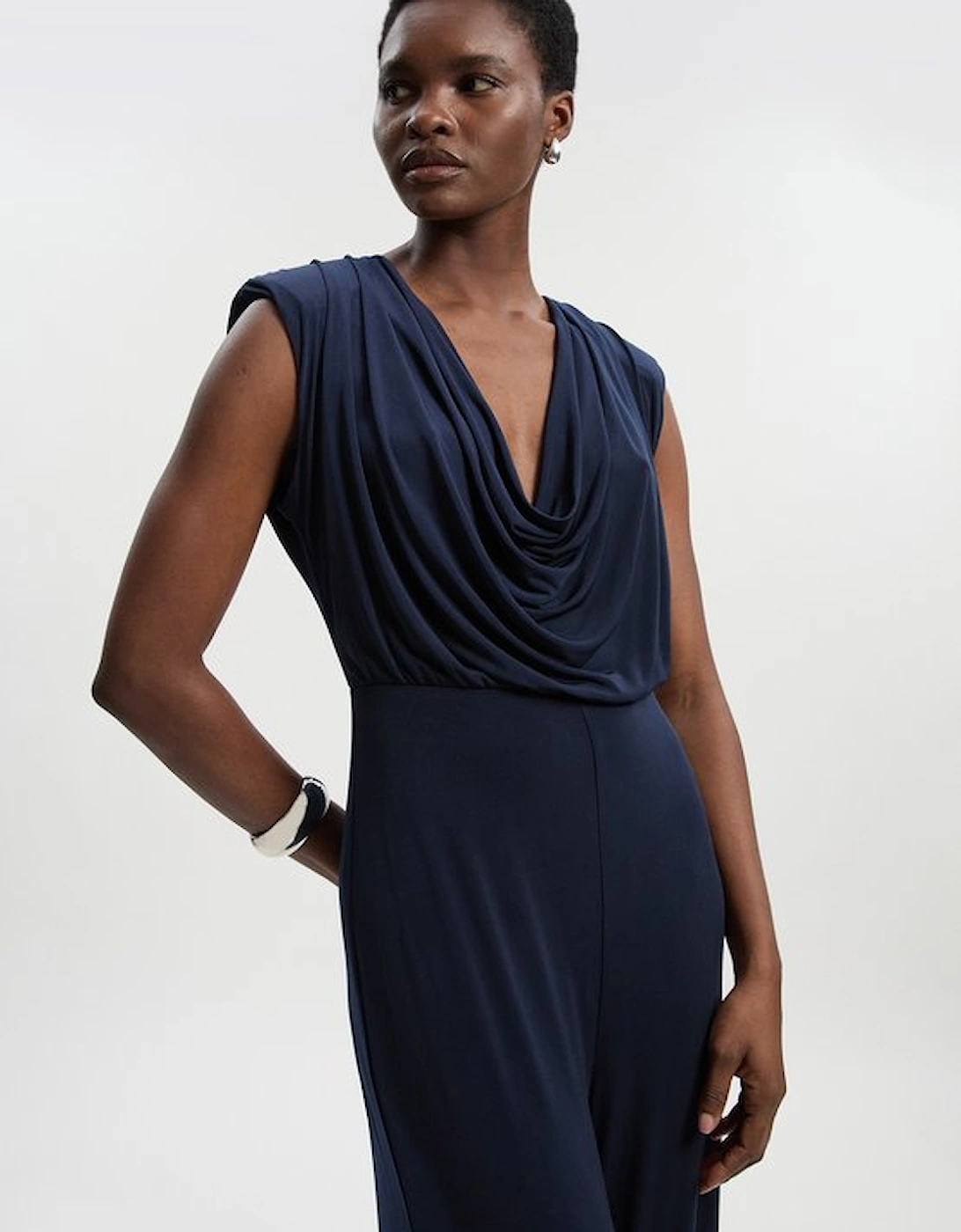 Jersey Crepe Cowl Neck Wide Leg Jumpsuit