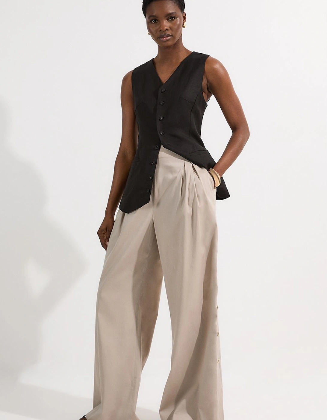 Tailored Polished Cotton Button Side Wide Leg Trousers, 2 of 1
