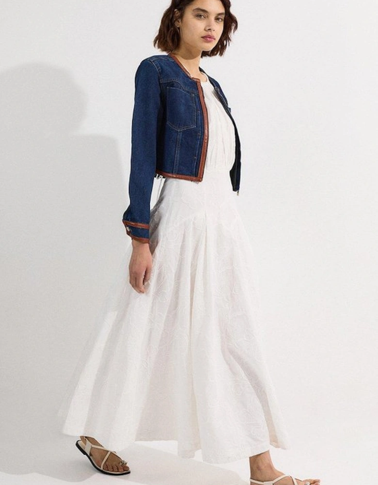 Denim & Faux Leather Tipping Collarless Tailored Jacket