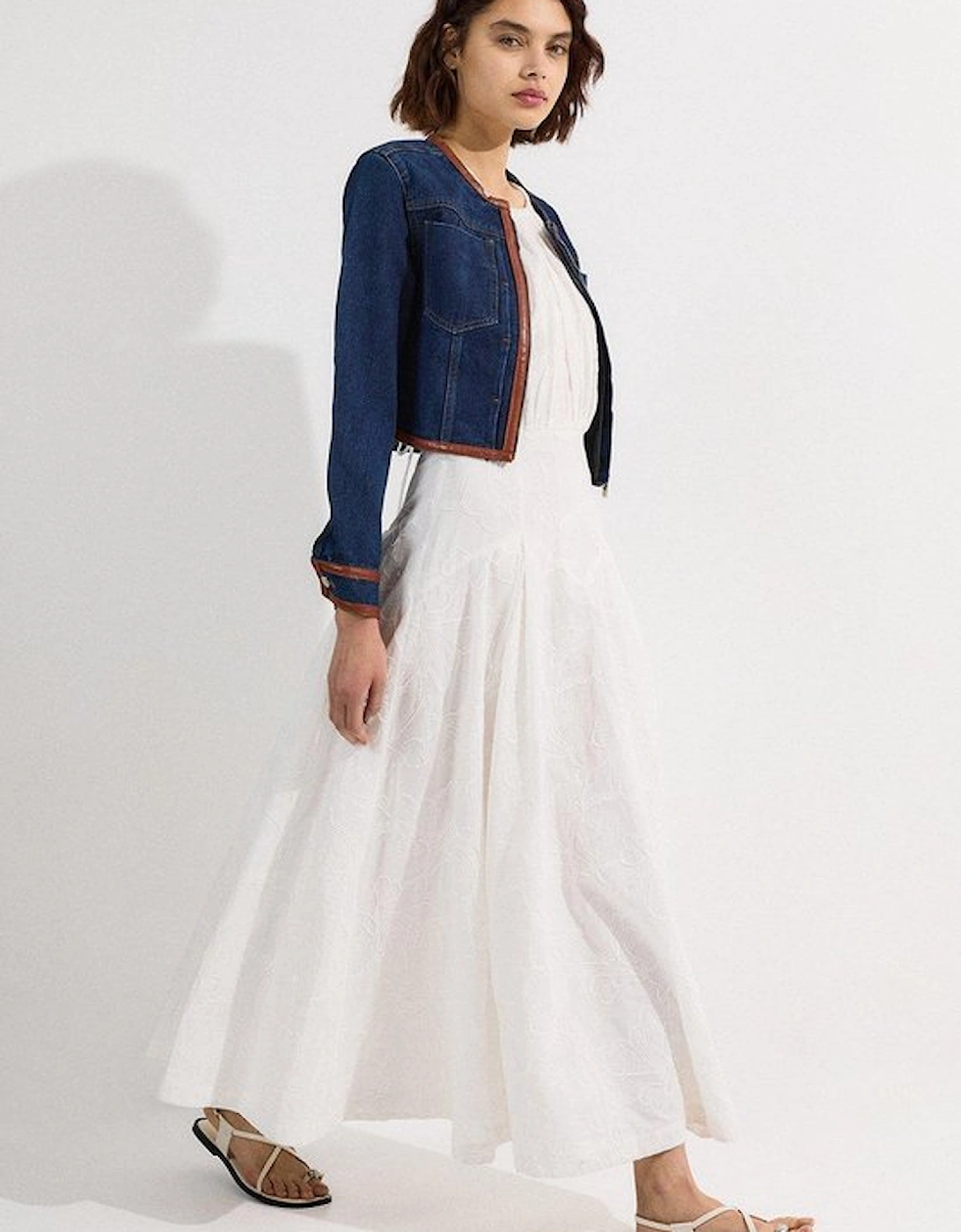 Denim & Faux Leather Tipping Collarless Tailored Jacket