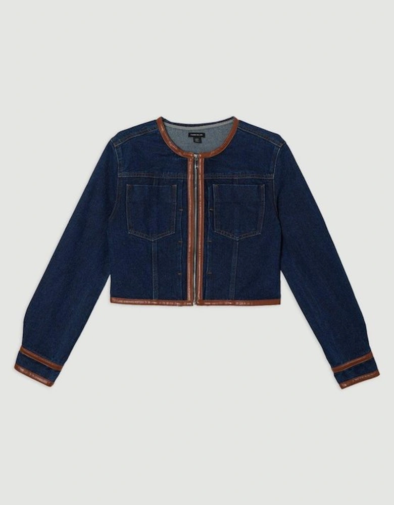 Denim & Faux Leather Tipping Collarless Tailored Jacket