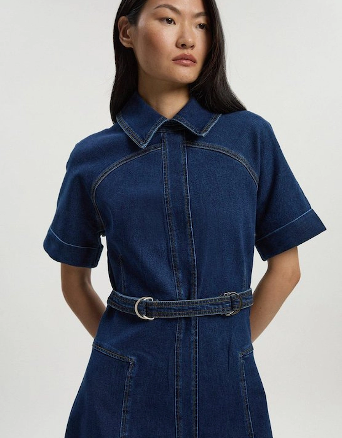 Stretch Denim Tab Belt Detail Midi Dress
