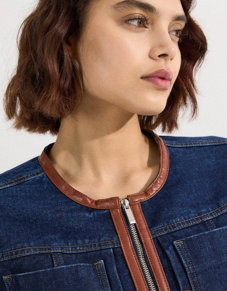 Denim & Faux Leather Tipping Collarless Tailored Jacket