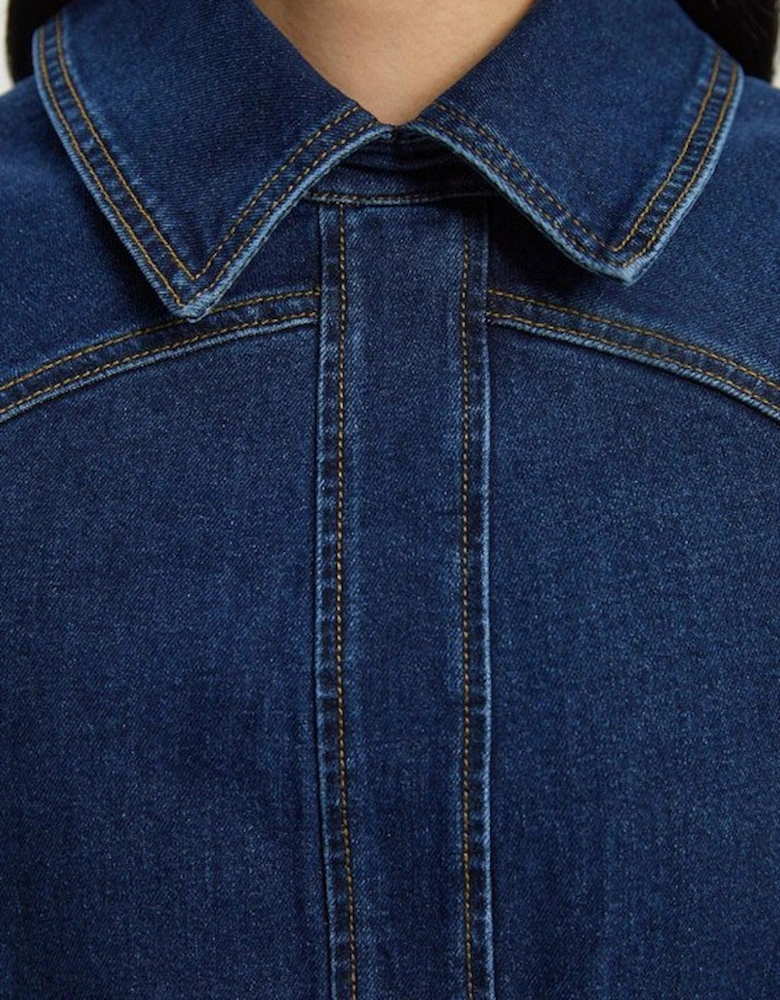 Stretch Denim Tab Belt Detail Midi Dress