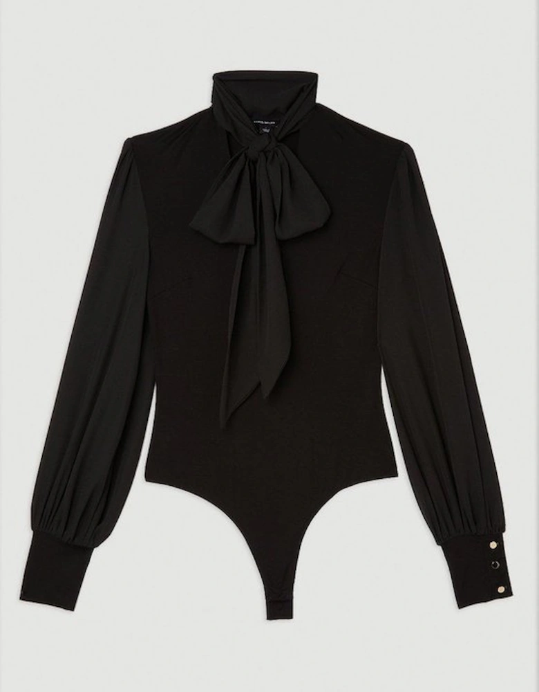 Jersey Ponte And Georgette Mix Tie Neck Long Sleeve Bodysuit