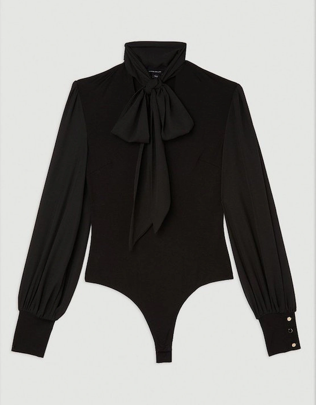 Jersey Ponte And Georgette Mix Tie Neck Long Sleeve Bodysuit