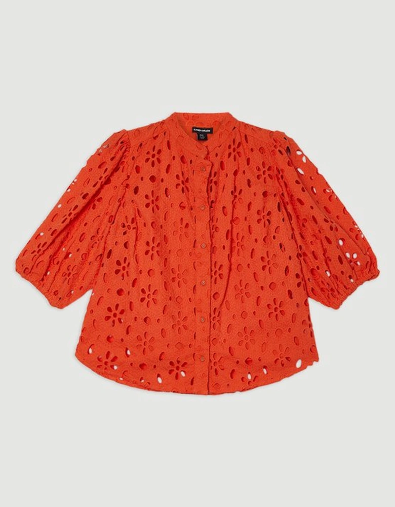 Cotton Broderie Belted Short Sleeve Woven Blouse